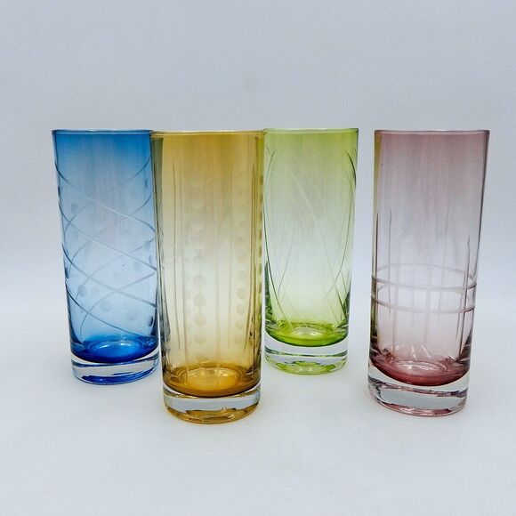 Multicolored Highball Glasses Geometric Designs Etched Pattern Lot of 4